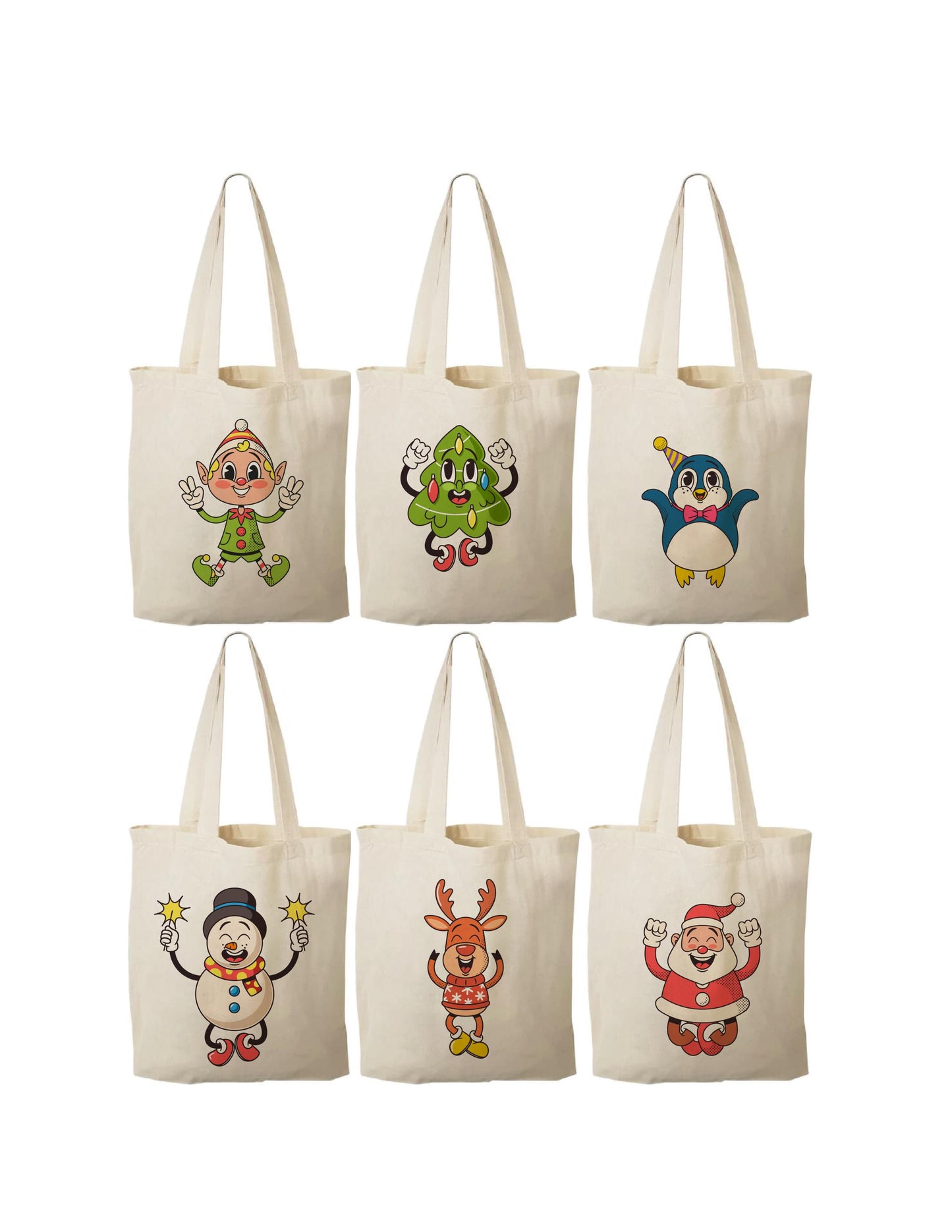 Retro Christmas Cotton Favor Bags β Set of 6, Vintage Characters