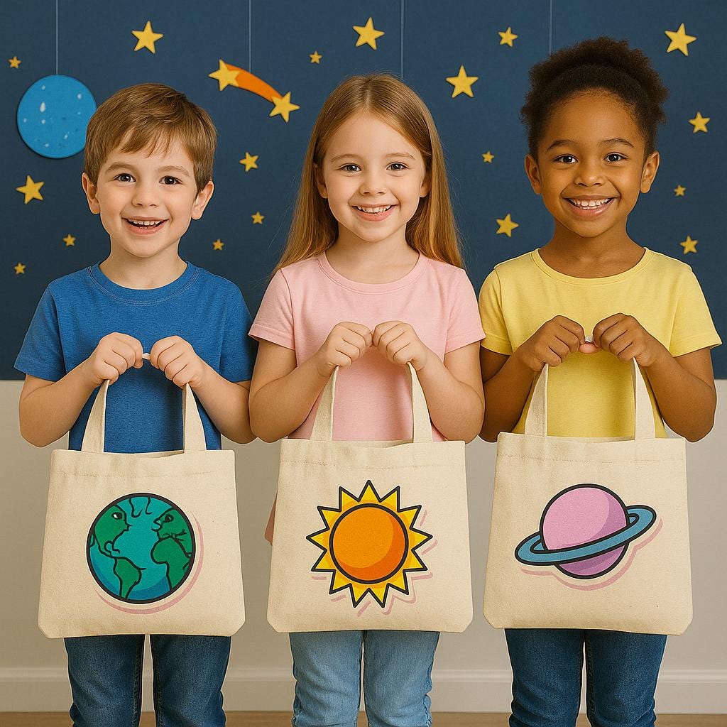 6 Space Treat Bags, Solar System Cotton Party Favor Bags