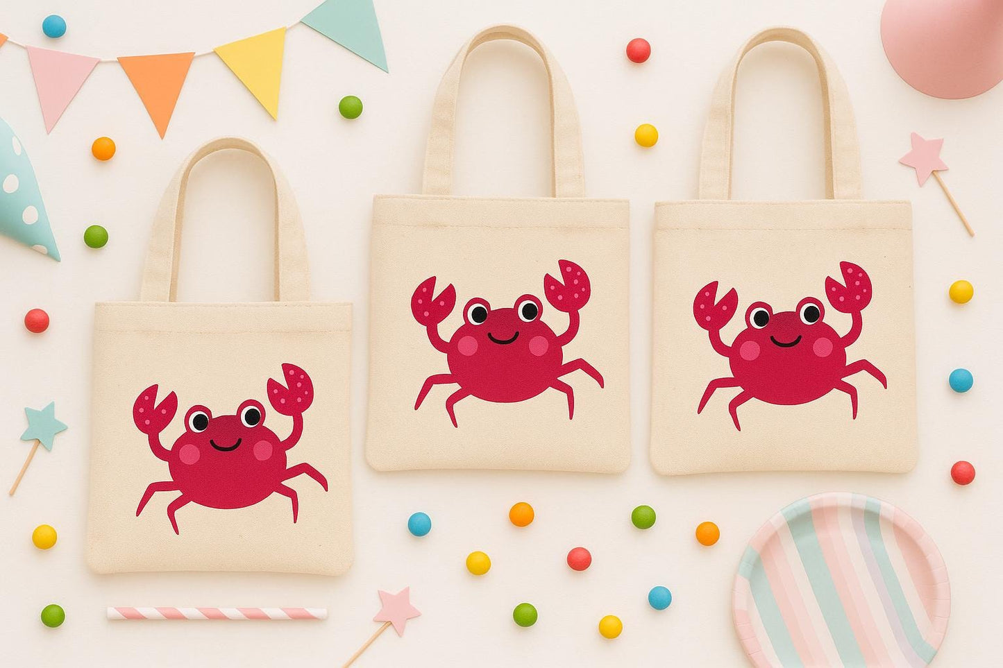 Crab Party Favor Bags: Set of 3 Cotton Goodie Bags