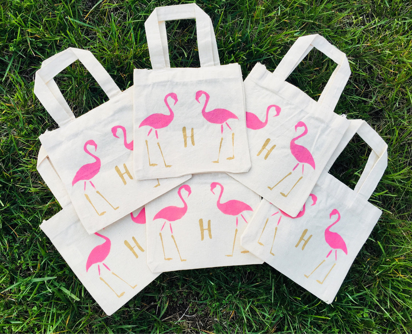 Custom Flamingo Party Favor Bags, Initial Cotton Treat Bags, Set of 6