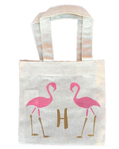 Custom Flamingo Party Favor Bags, Initial Cotton Treat Bags, Set of 6