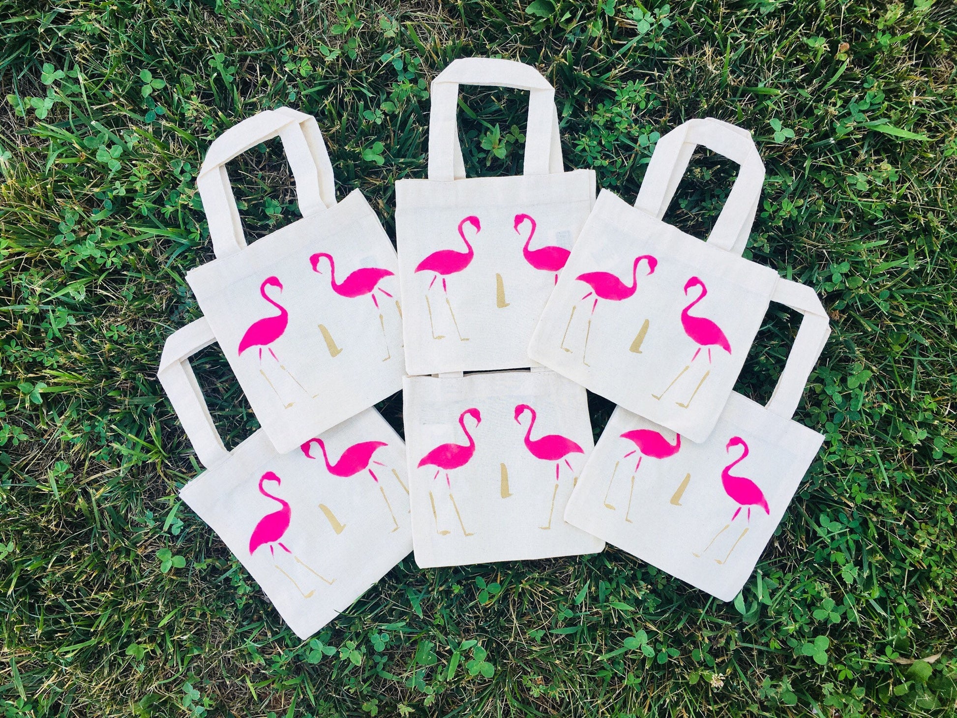 Custom Flamingo Party Favor Bags, Initial Cotton Treat Bags, Set of 6