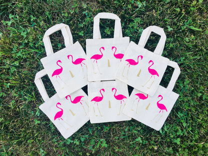 Custom Flamingo Party Favor Bags, Initial Cotton Treat Bags, Set of 6