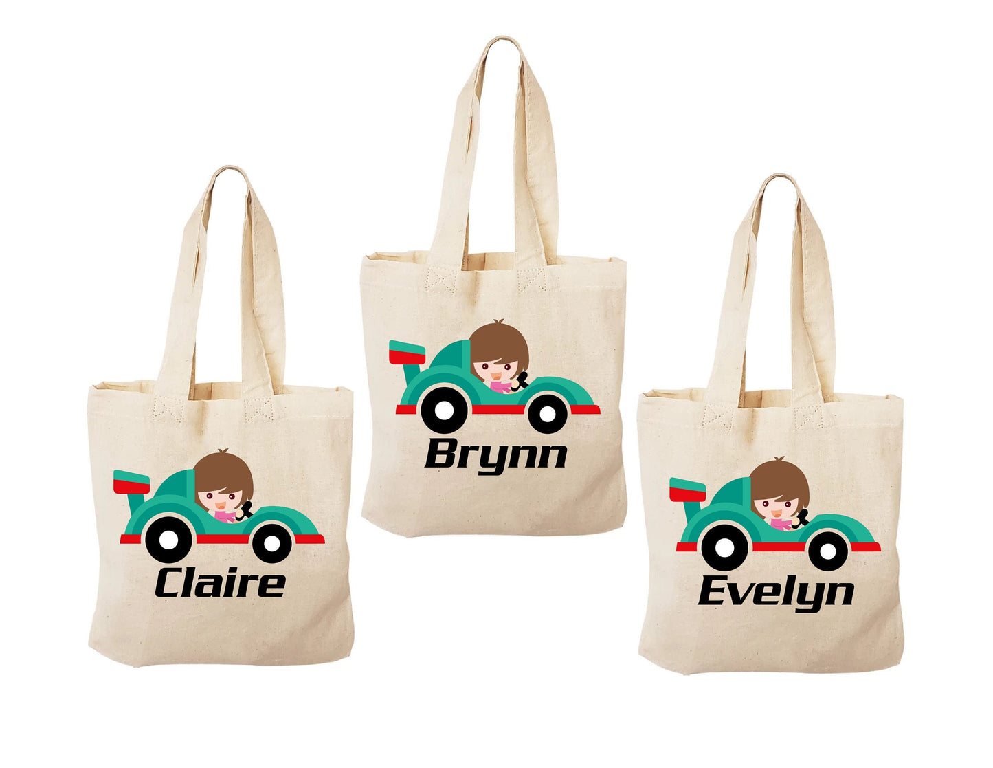 Girls Race Car Party Favor Bags, Personalized Cotton Treat Bags, Set of 3