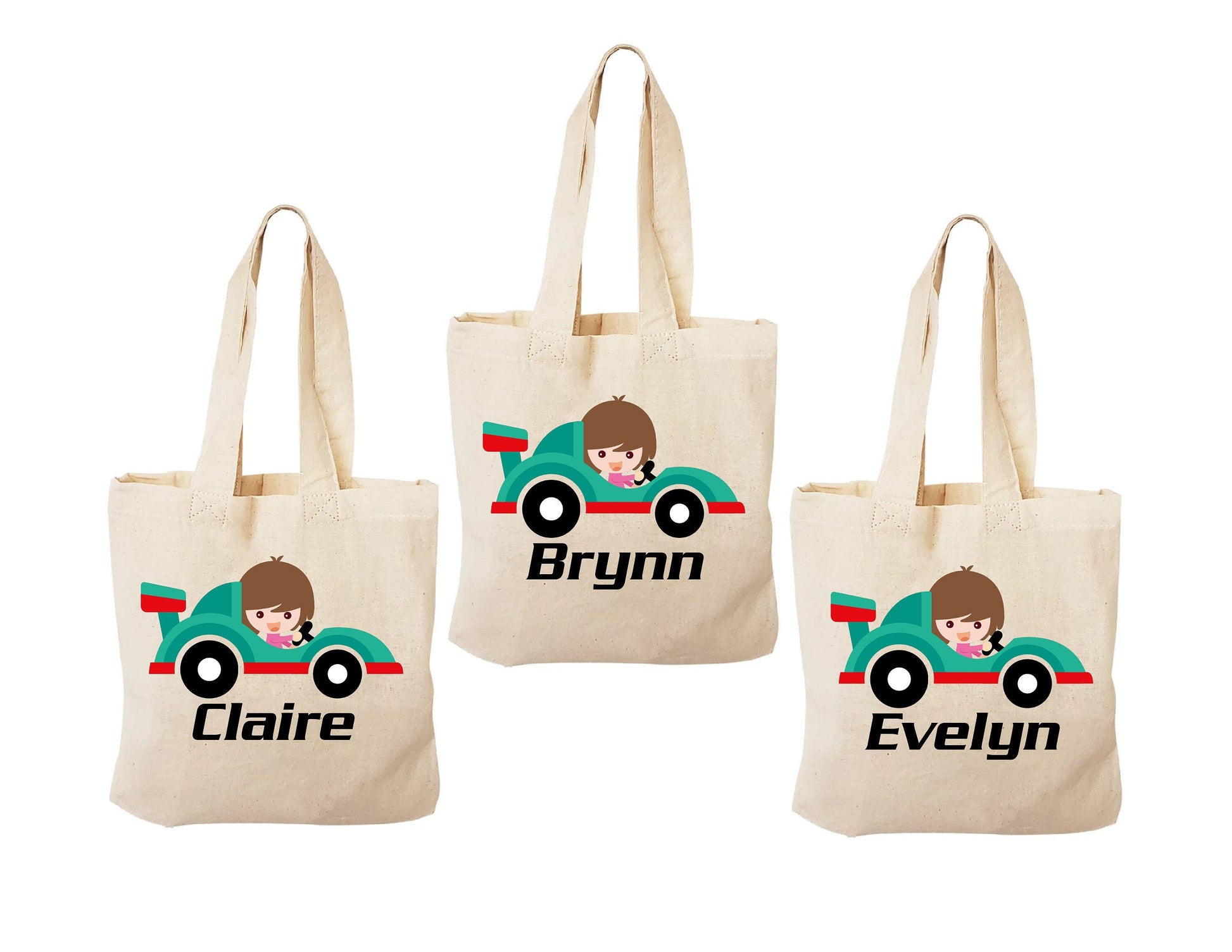 Girls Race Car Party Favor Bags, Personalized Cotton Treat Bags, Set of 3
