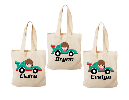 Girls Race Car Party Favor Bags, Personalized Cotton Treat Bags, Set of 3