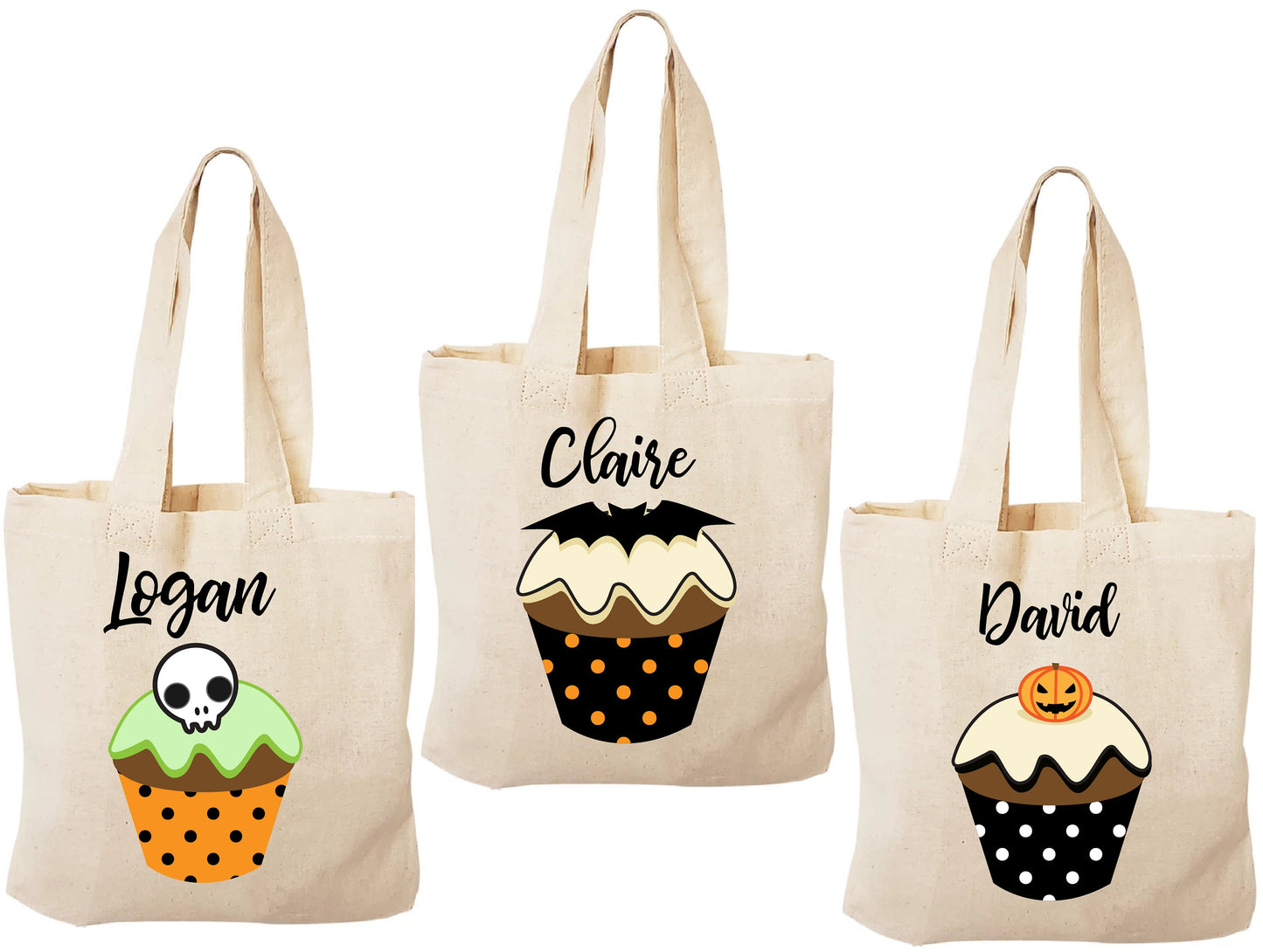 Set of 3 Personalized Halloween Treat Bags, Eco-Friendly Cotton Favor Bags