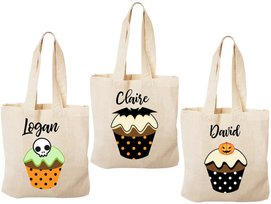 Set of 3 Personalized Halloween Treat Bags, Eco-Friendly Cotton Favor Bags