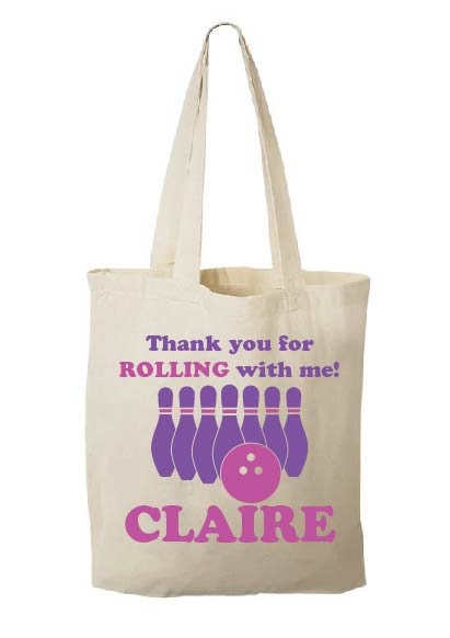 Personalized Bowling Party Favor Bag – Pink & Purple Cotton Tote