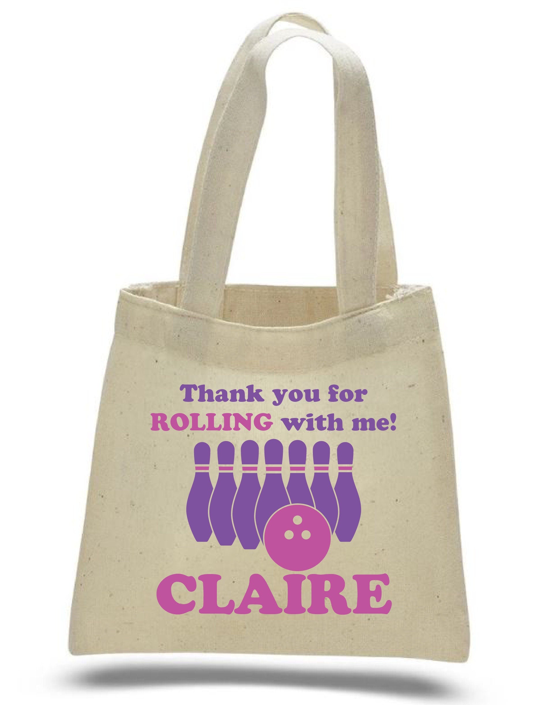 Personalized Bowling Party Favor Bag – Pink & Purple Cotton Tote