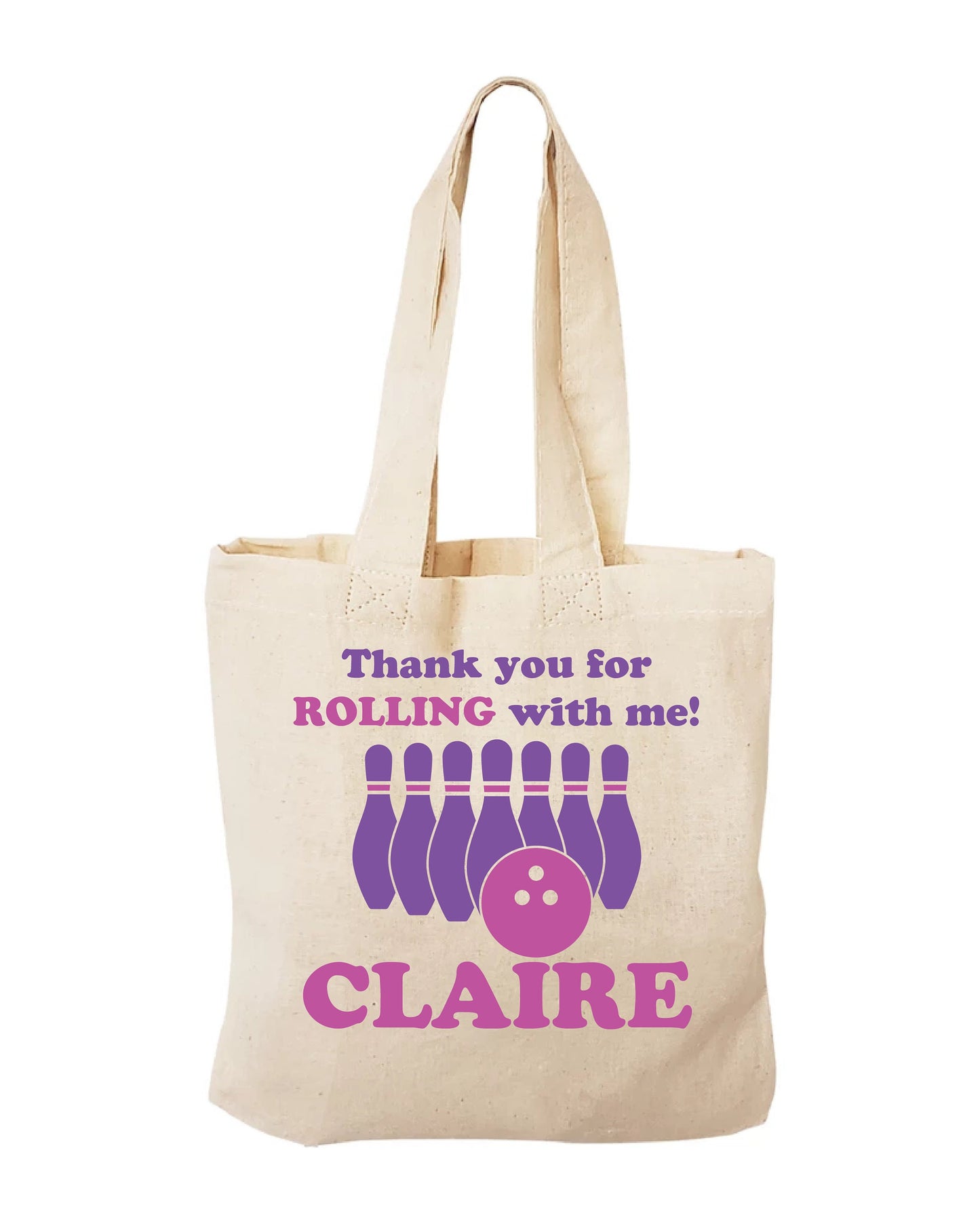 Personalized Bowling Party Favor Bag – Pink & Purple Cotton Tote