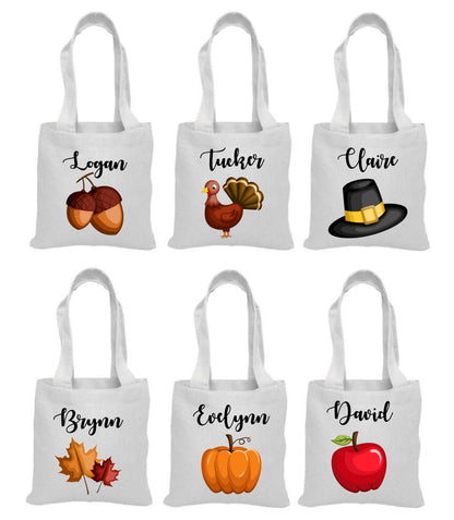 Thanksgiving Party Favor Bags - Personalized with each Guest's Name - Cotton with handles - Reusable