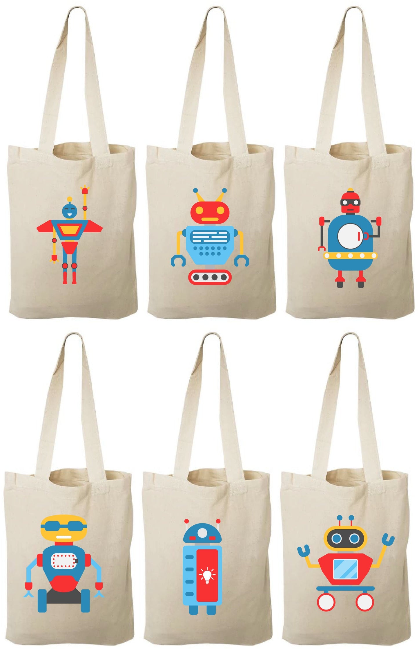 Robot Party Favor Bags - Set of 6 Cotton Canvas Goodie Bags