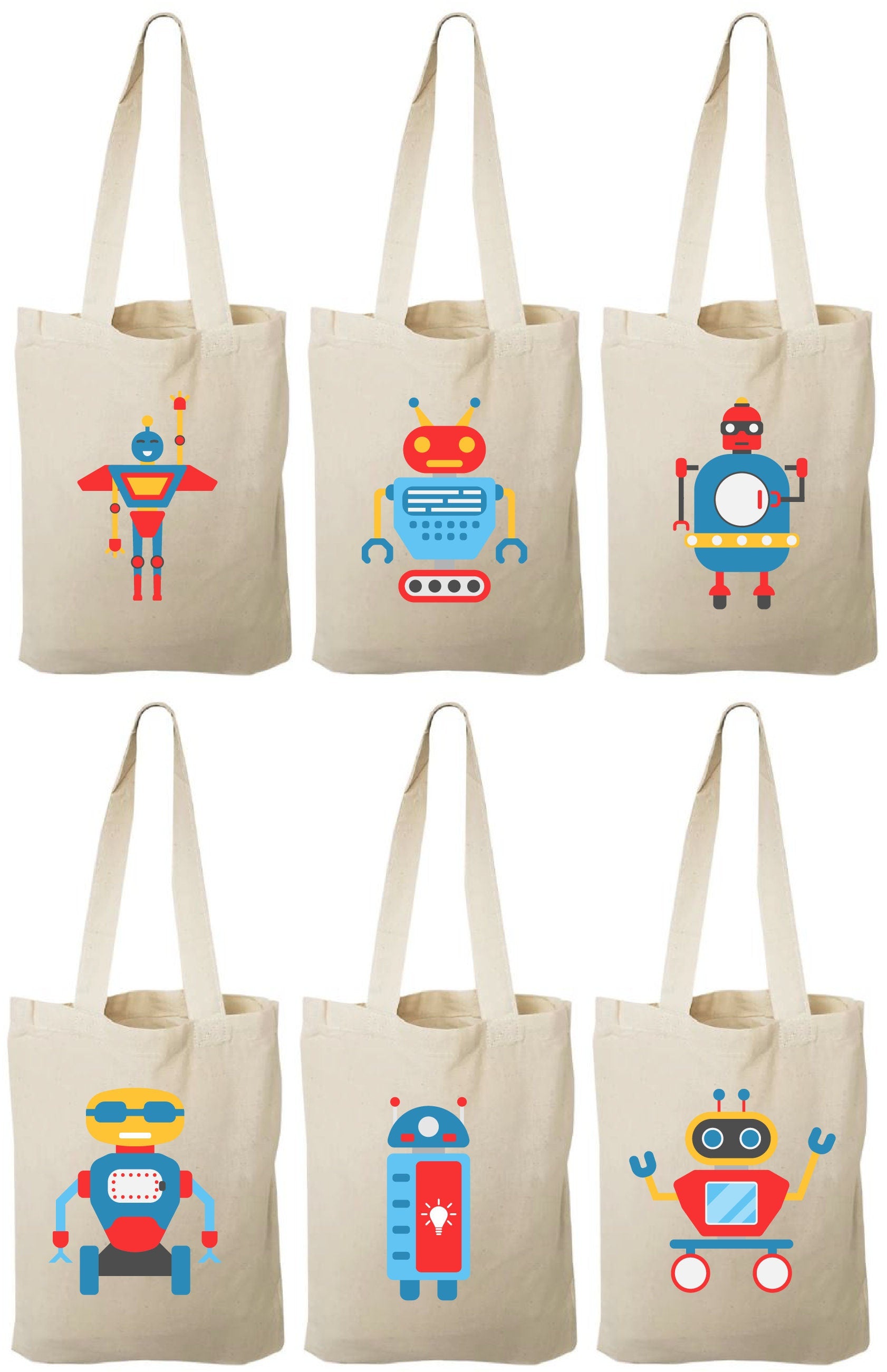 Robot Party Favor Bags - Set of 6 Cotton Canvas Goodie Bags