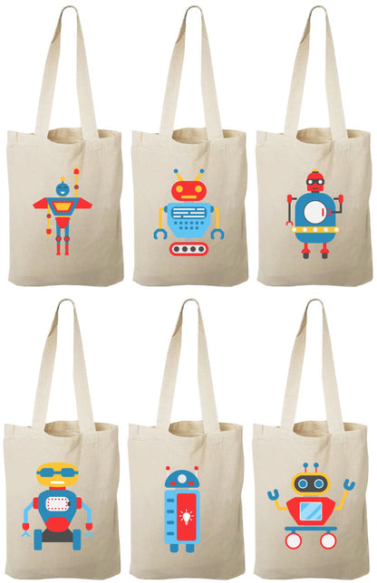 Robot Party Favor Bags - Set of 6 Cotton Canvas Goodie Bags