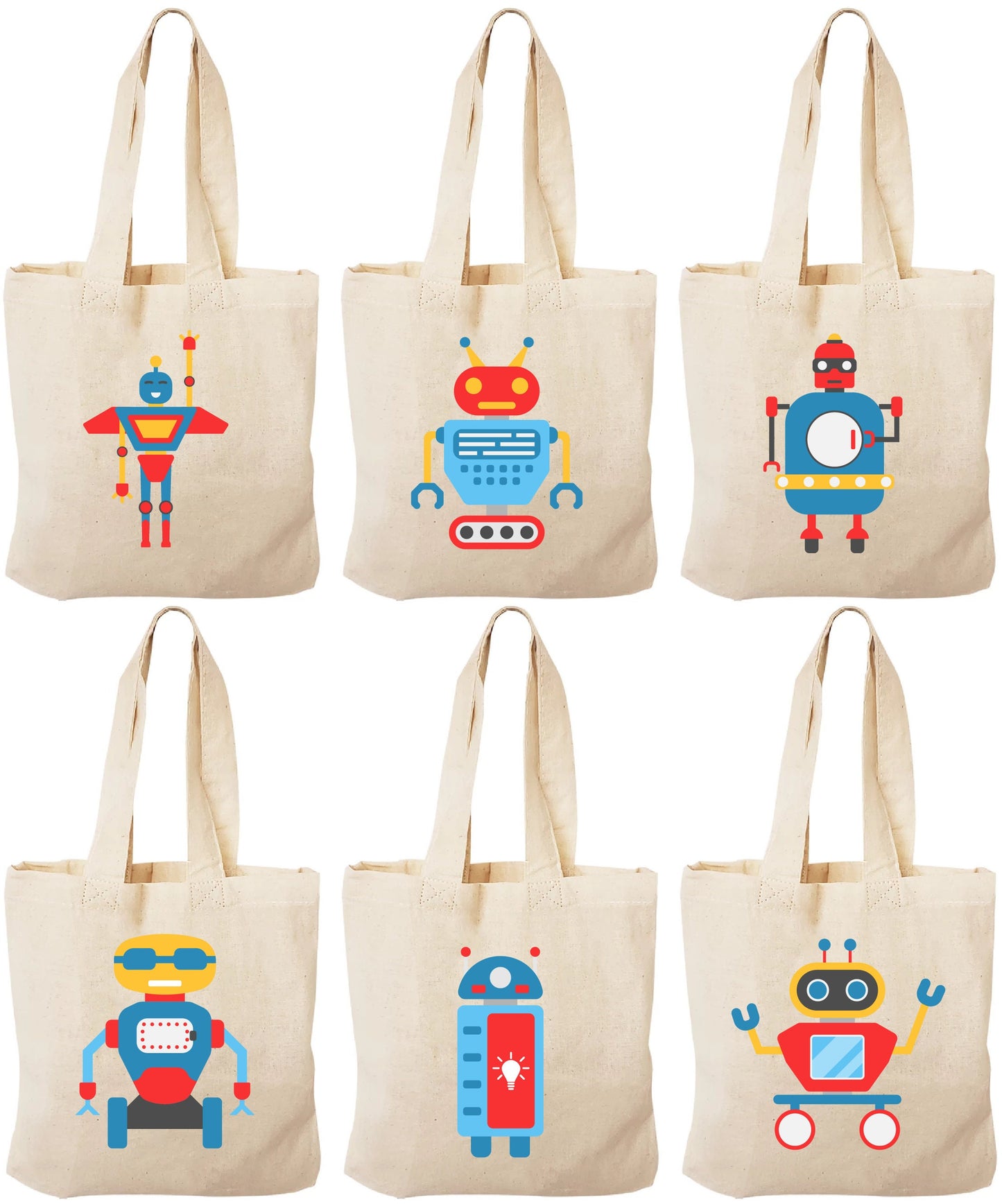 Robot Party Favor Bags - Set of 6 Cotton Canvas Goodie Bags