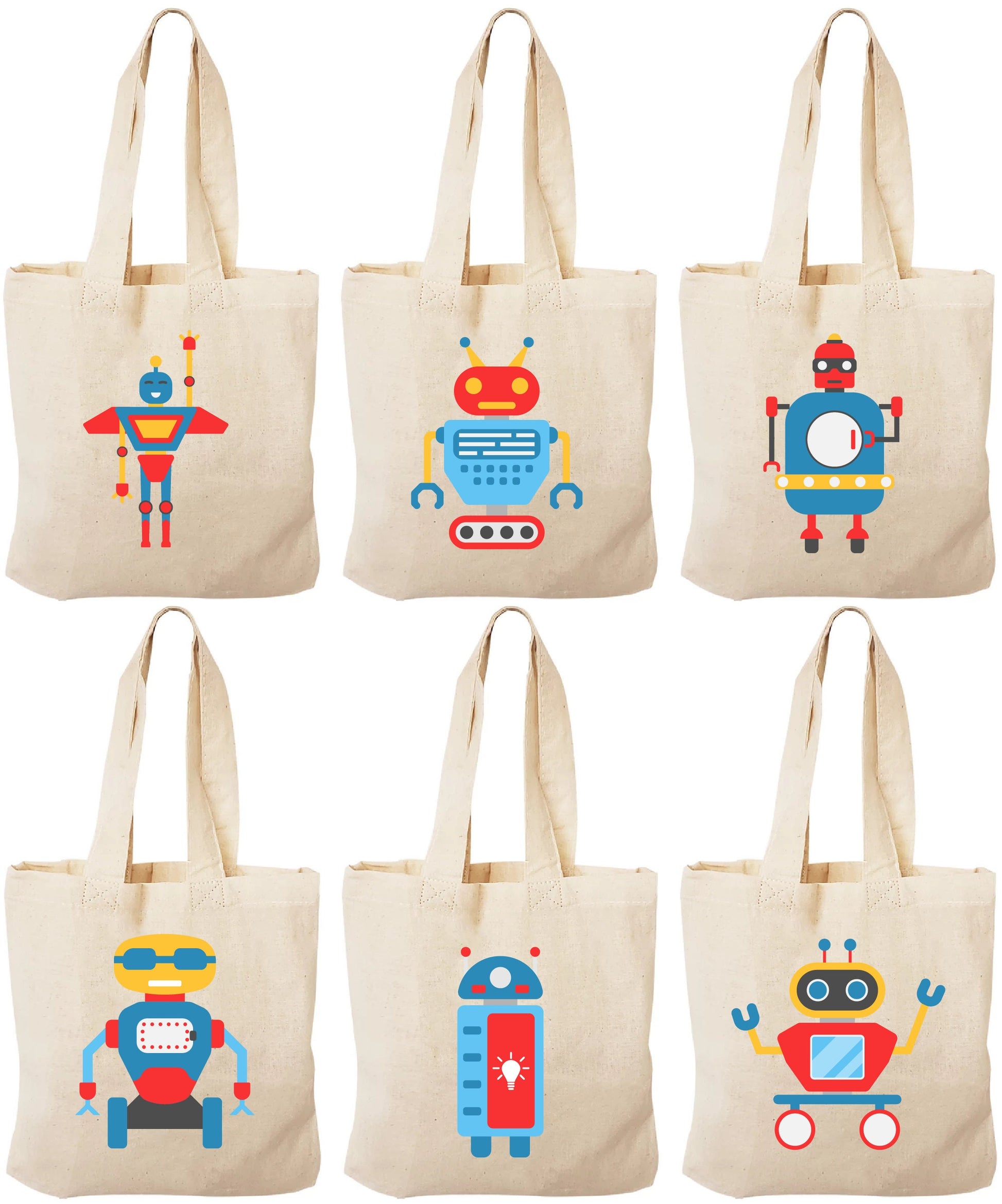 Robot Party Favor Bags - Set of 6 Cotton Canvas Goodie Bags