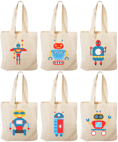 Robot Party Favor Bags - Set of 6 Cotton Canvas Goodie Bags