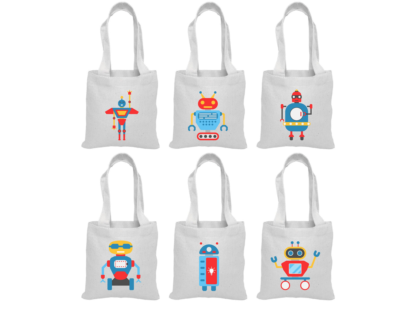 Robot Party Favor Bags - Set of 6 Cotton Canvas Goodie Bags