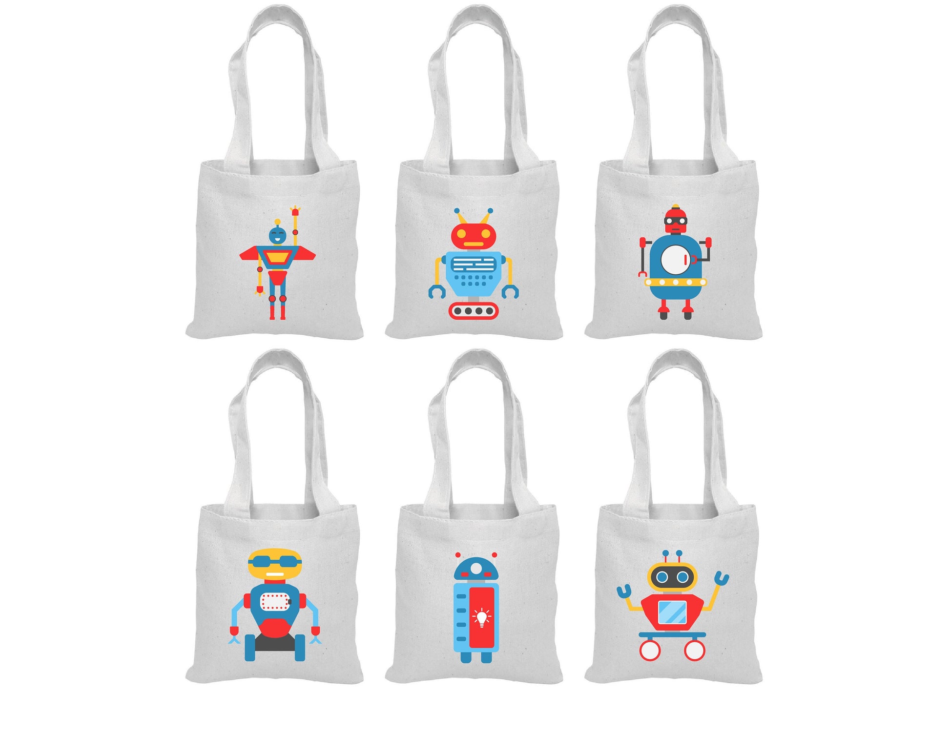 Robot Party Favor Bags - Set of 6 Cotton Canvas Goodie Bags