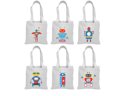 Robot Party Favor Bags - Set of 6 Cotton Canvas Goodie Bags