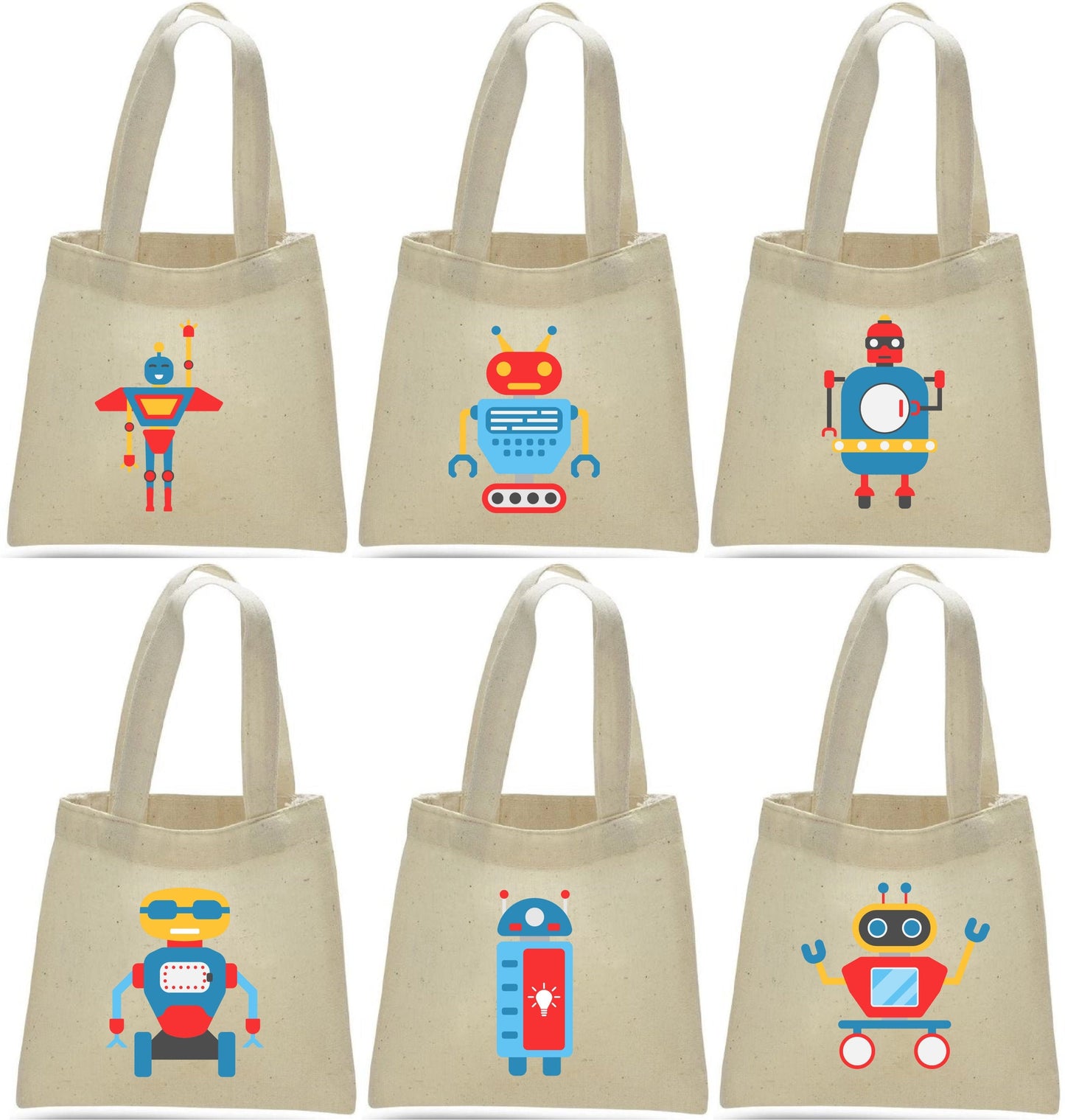 Robot Party Favor Bags - Set of 6 Cotton Canvas Goodie Bags