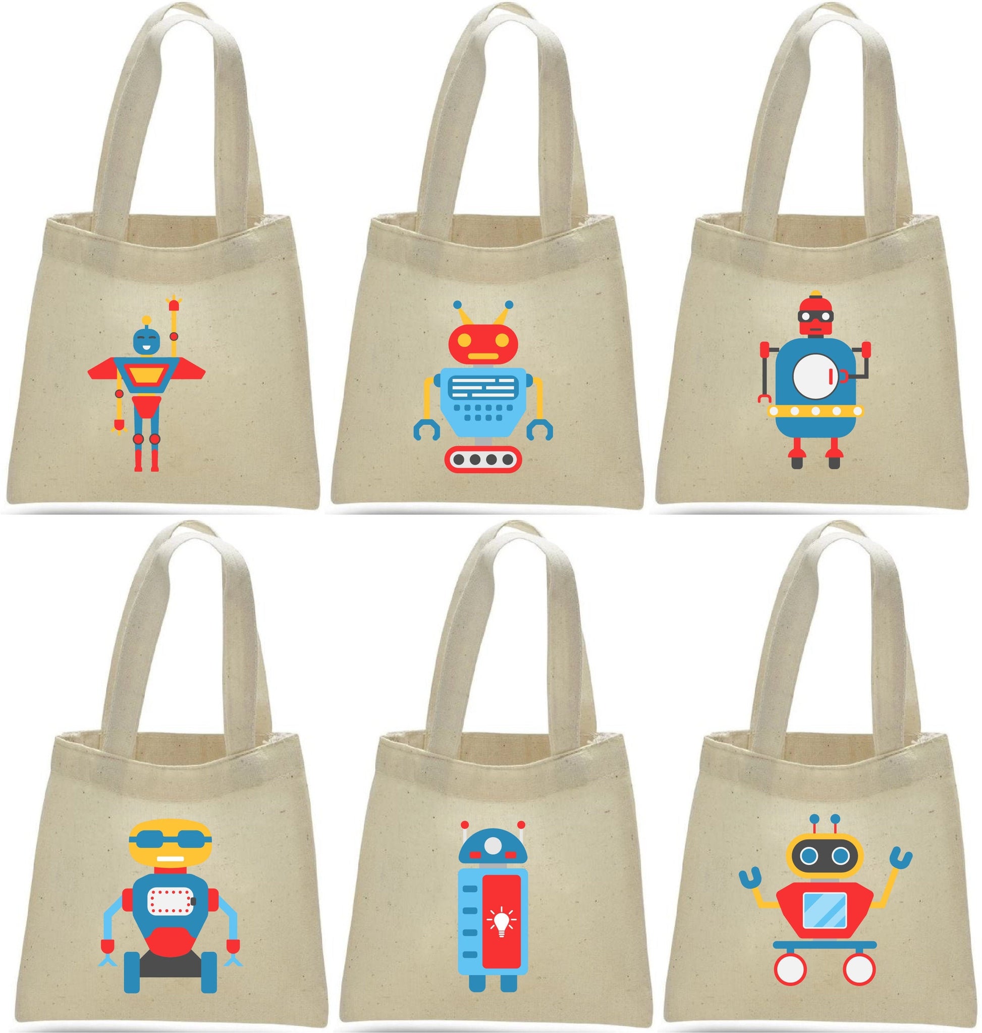 Robot Party Favor Bags - Set of 6 Cotton Canvas Goodie Bags
