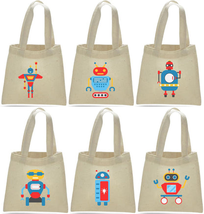 Robot Party Favor Bags - Set of 6 Cotton Canvas Goodie Bags