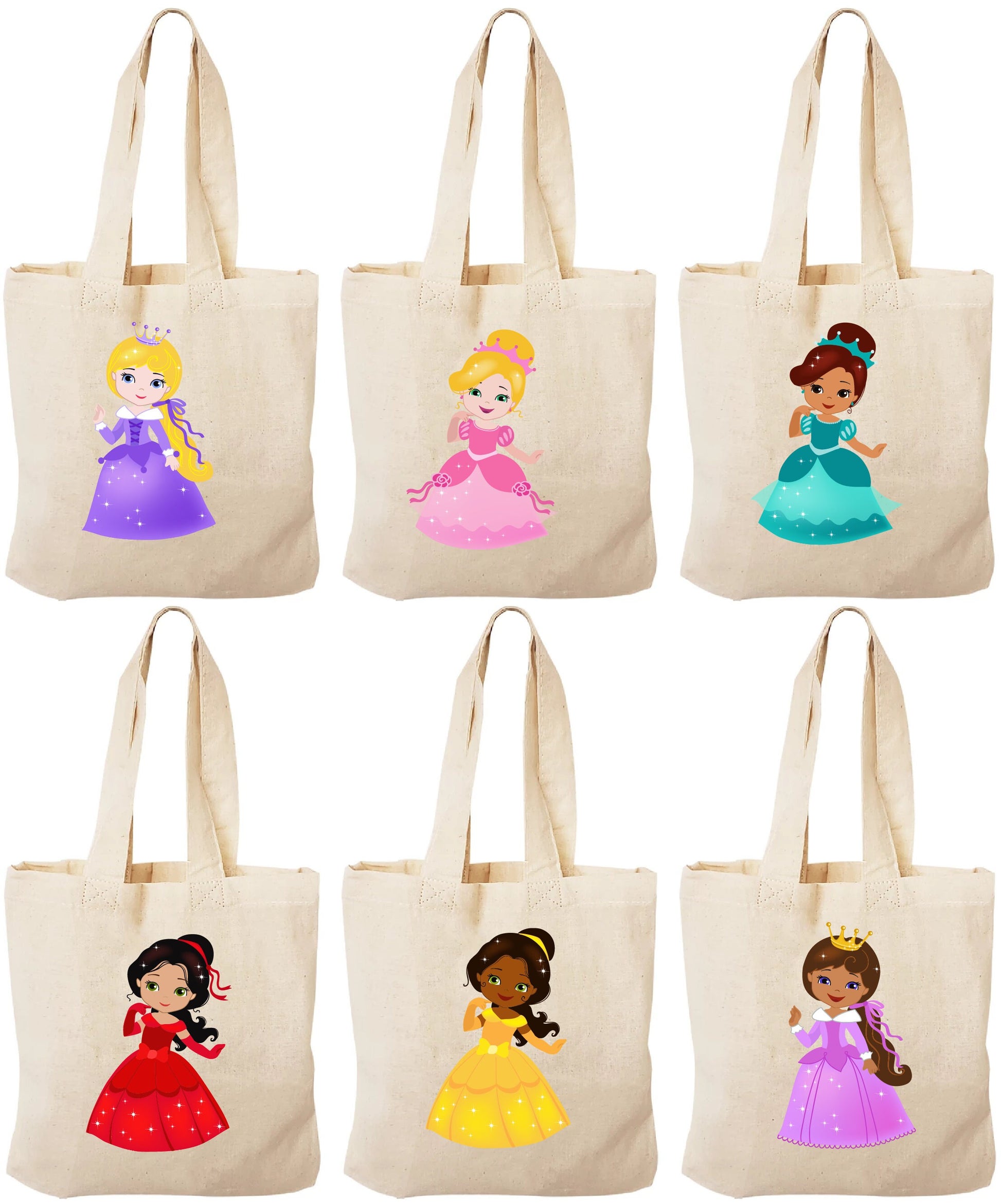 Princess Party Favor Bags, Canvas Goodie Bags, Set of 6