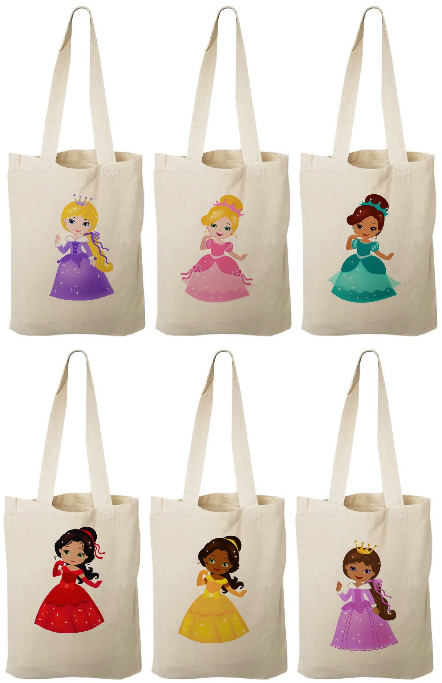 Princess Party Favor Bags, Canvas Goodie Bags, Set of 6