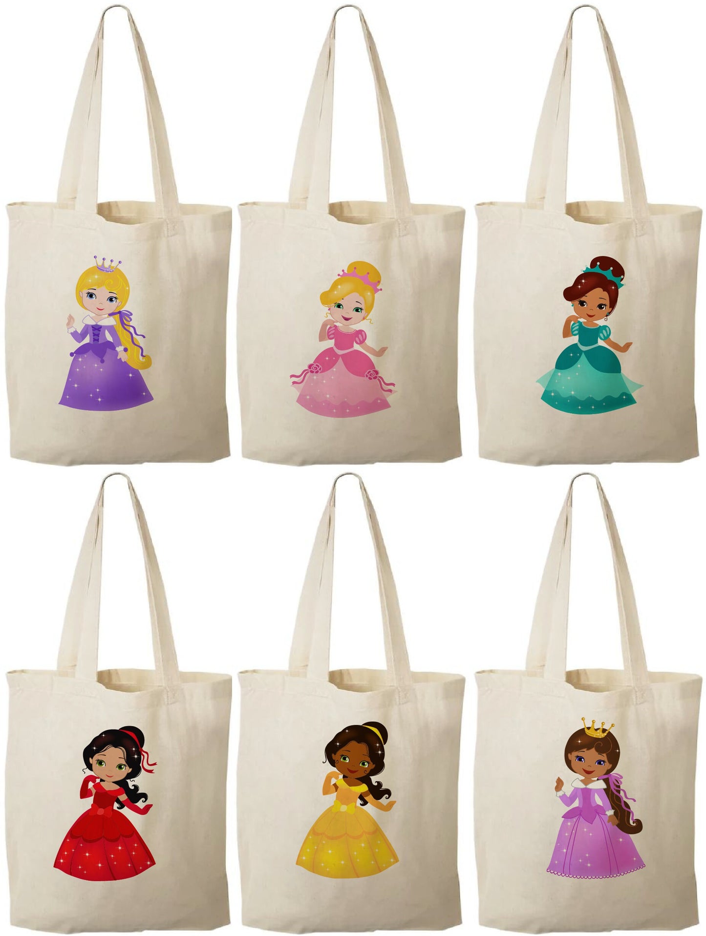 Princess Party Favor Bags, Canvas Goodie Bags, Set of 6