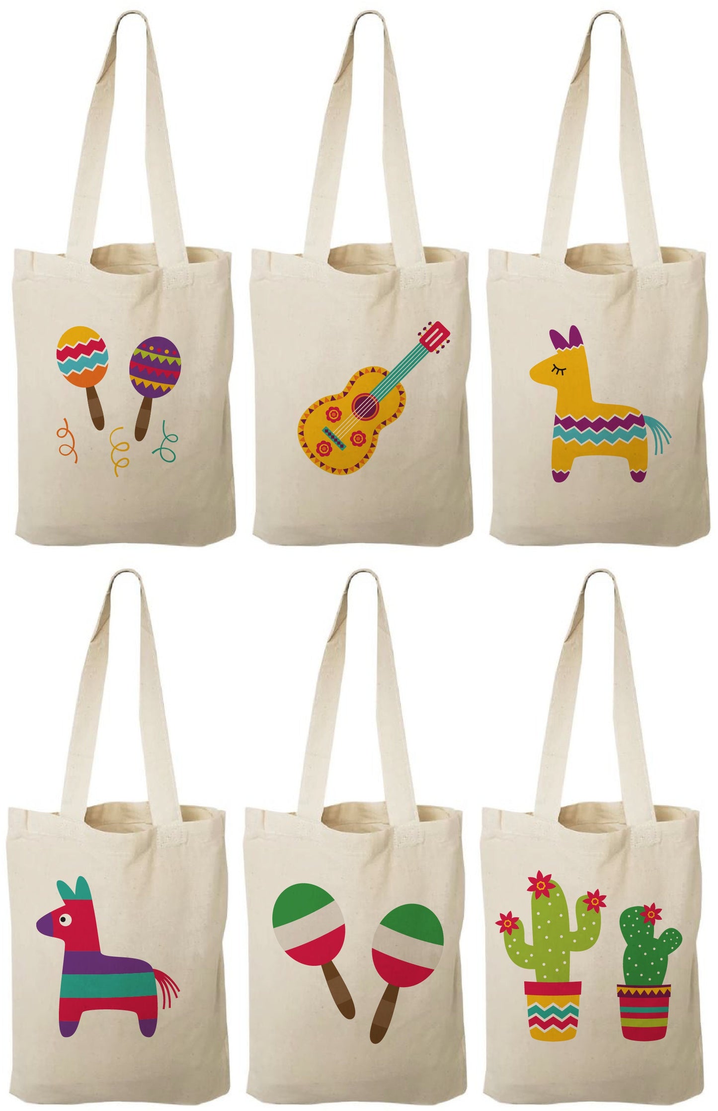 Fiesta Party Favor Bags - Set of 6 Canvas Tote Bags