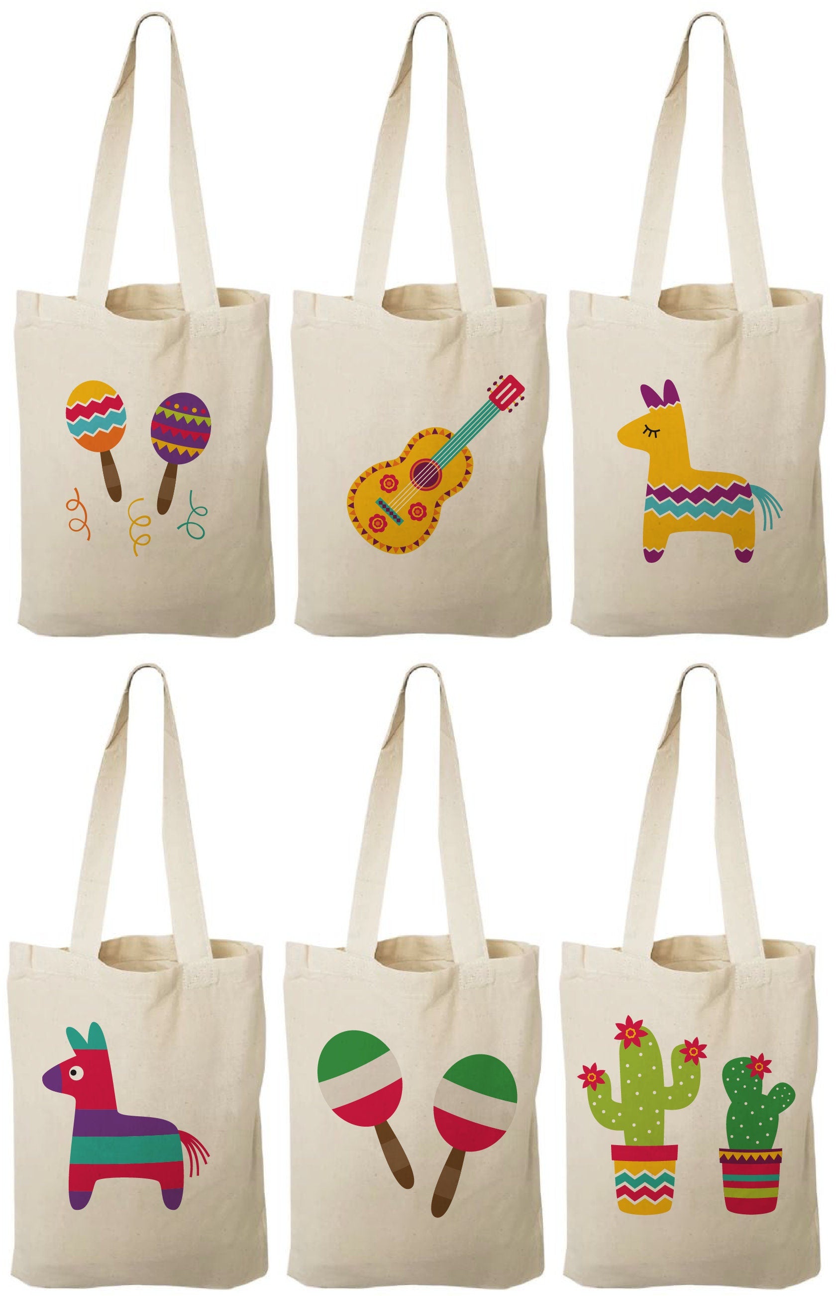 Fiesta Party Favor Bags - Set of 6 Canvas Tote Bags