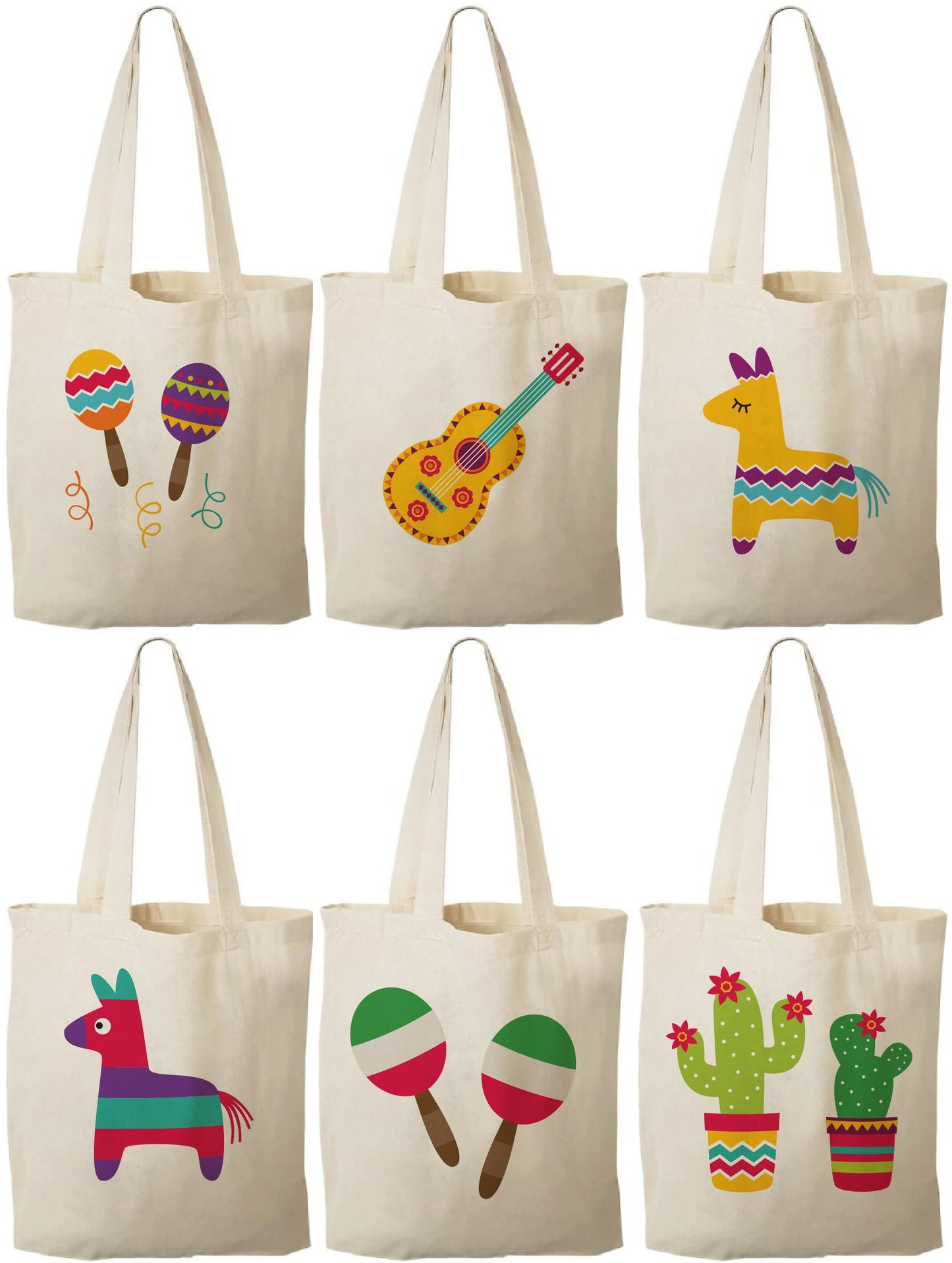 Fiesta Party Favor Bags - Set of 6 Canvas Tote Bags