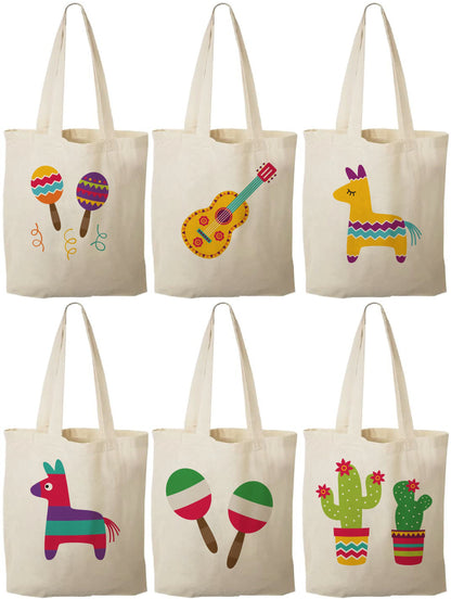 Fiesta Party Favor Bags - Set of 6 Canvas Tote Bags