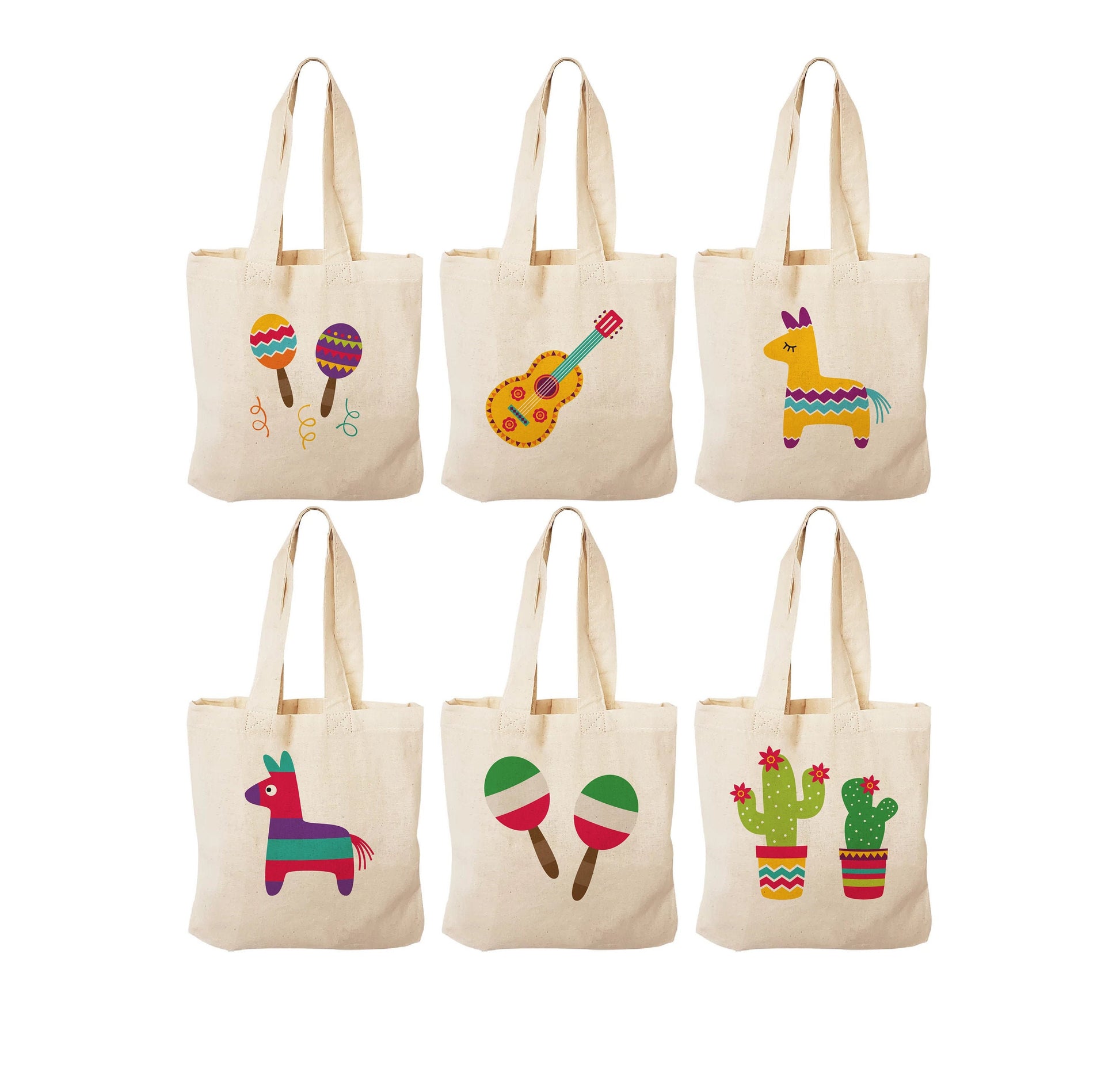 Fiesta Party Favor Bags - Set of 6 Canvas Tote Bags
