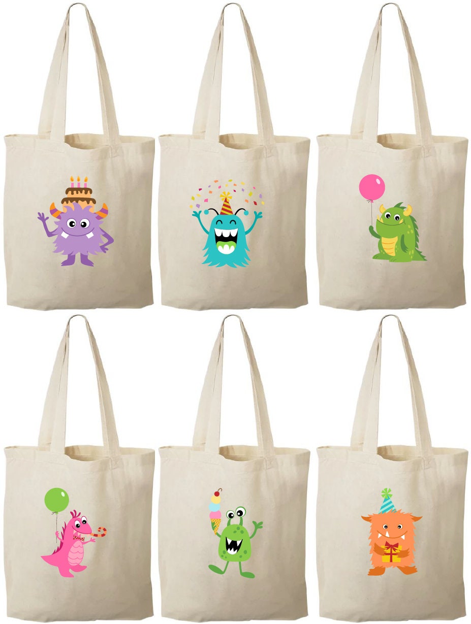 Monster Party Favor Bags - Set of 6 Cotton Goodie Bags