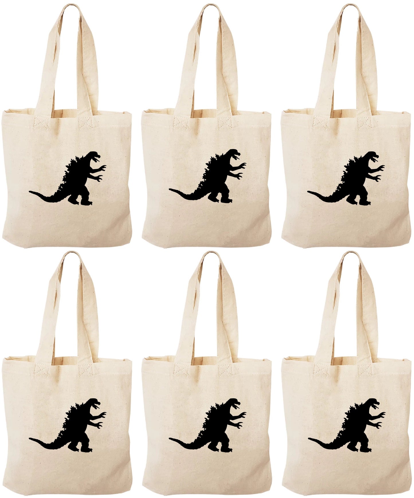 Godzilla Party Favor Bags - Reusable Cotton Canvas Tote, Set of 6