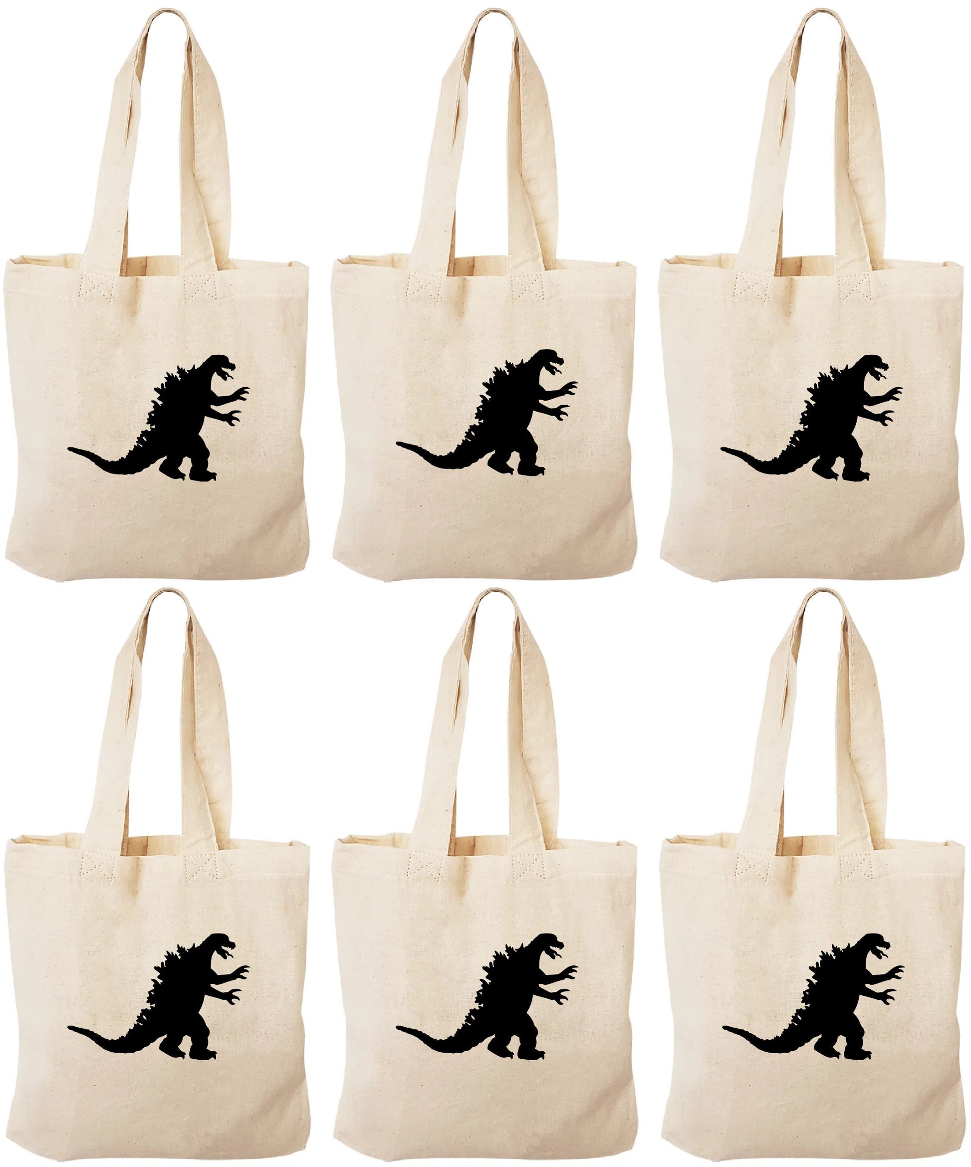 Godzilla Party Favor Bags - Reusable Cotton Canvas Tote, Set of 6