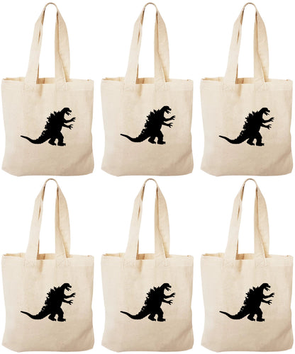 Godzilla Party Favor Bags - Reusable Cotton Canvas Tote, Set of 6