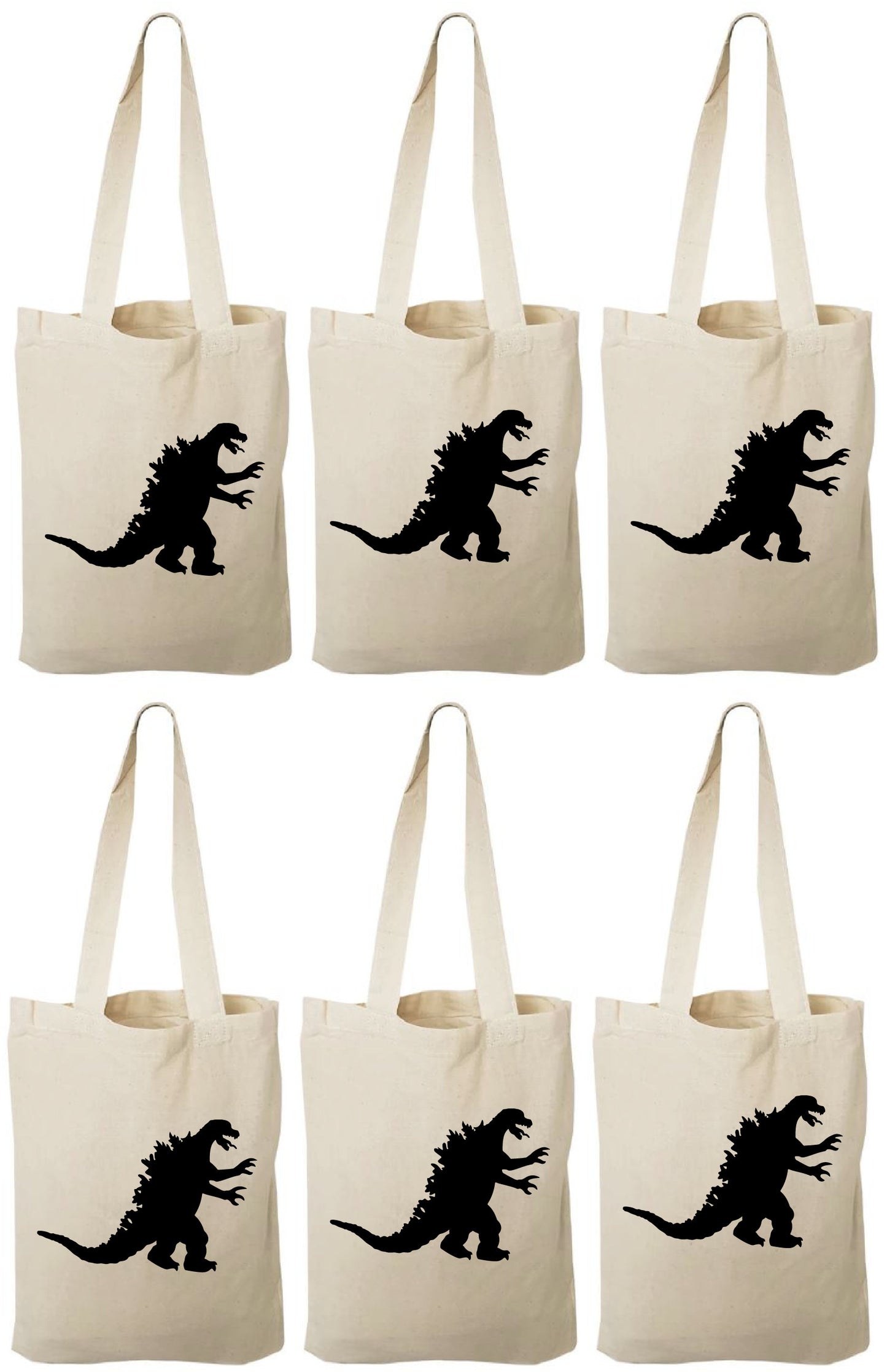 Godzilla Party Favor Bags - Reusable Cotton Canvas Tote, Set of 6