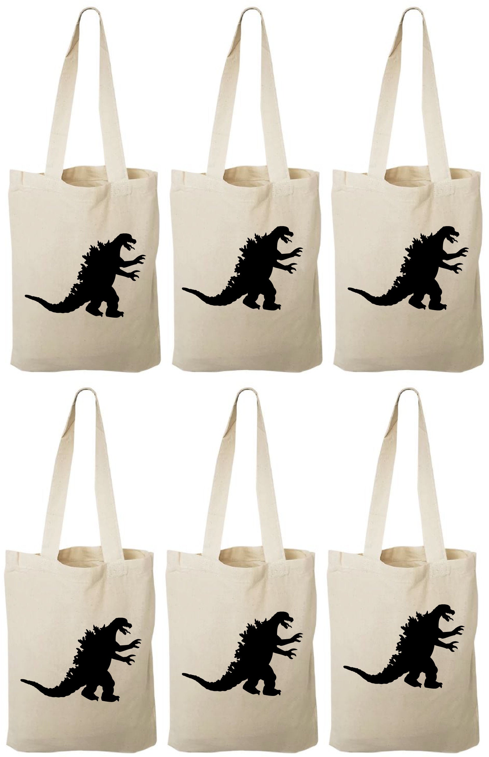 Godzilla Party Favor Bags - Reusable Cotton Canvas Tote, Set of 6