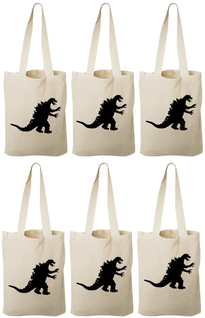 Godzilla Party Favor Bags - Reusable Cotton Canvas Tote, Set of 6