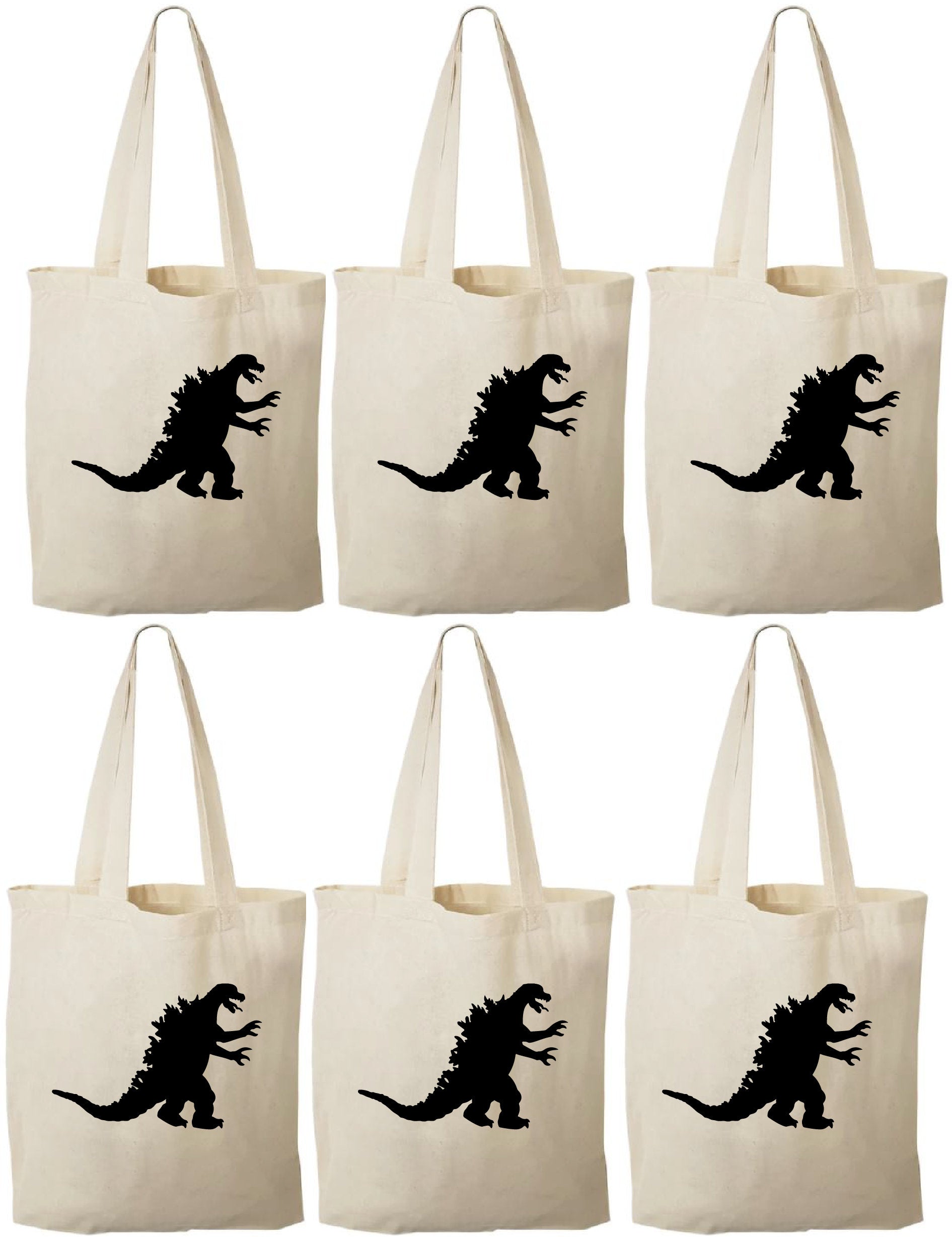 Godzilla Party Favor Bags - Reusable Cotton Canvas Tote, Set of 6