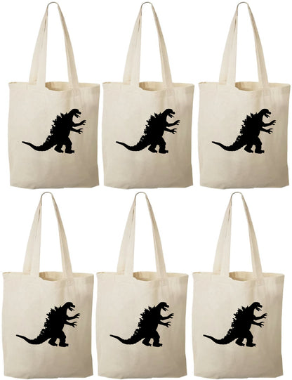 Godzilla Party Favor Bags - Reusable Cotton Canvas Tote, Set of 6