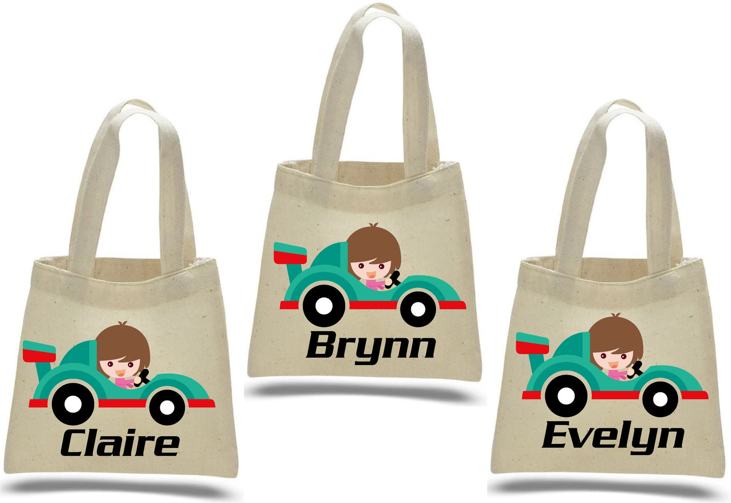 Girls Race Car Party Favor Bags, Personalized Cotton Treat Bags, Set of 3