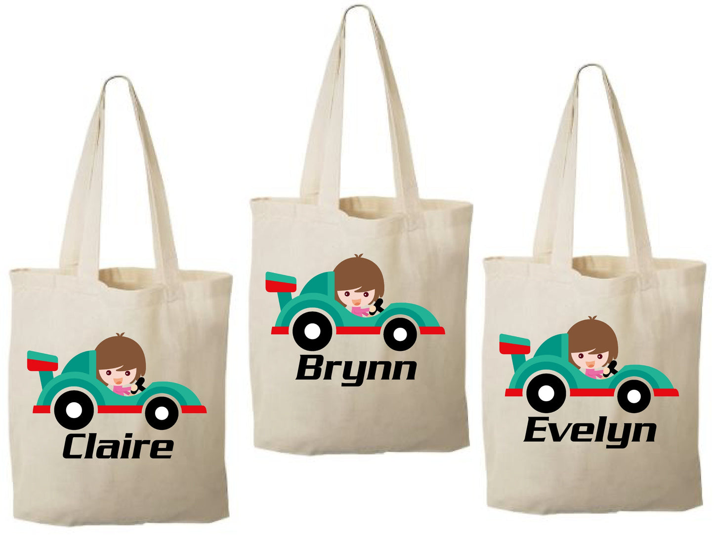 Girls Race Car Party Favor Bags, Personalized Cotton Treat Bags, Set of 3