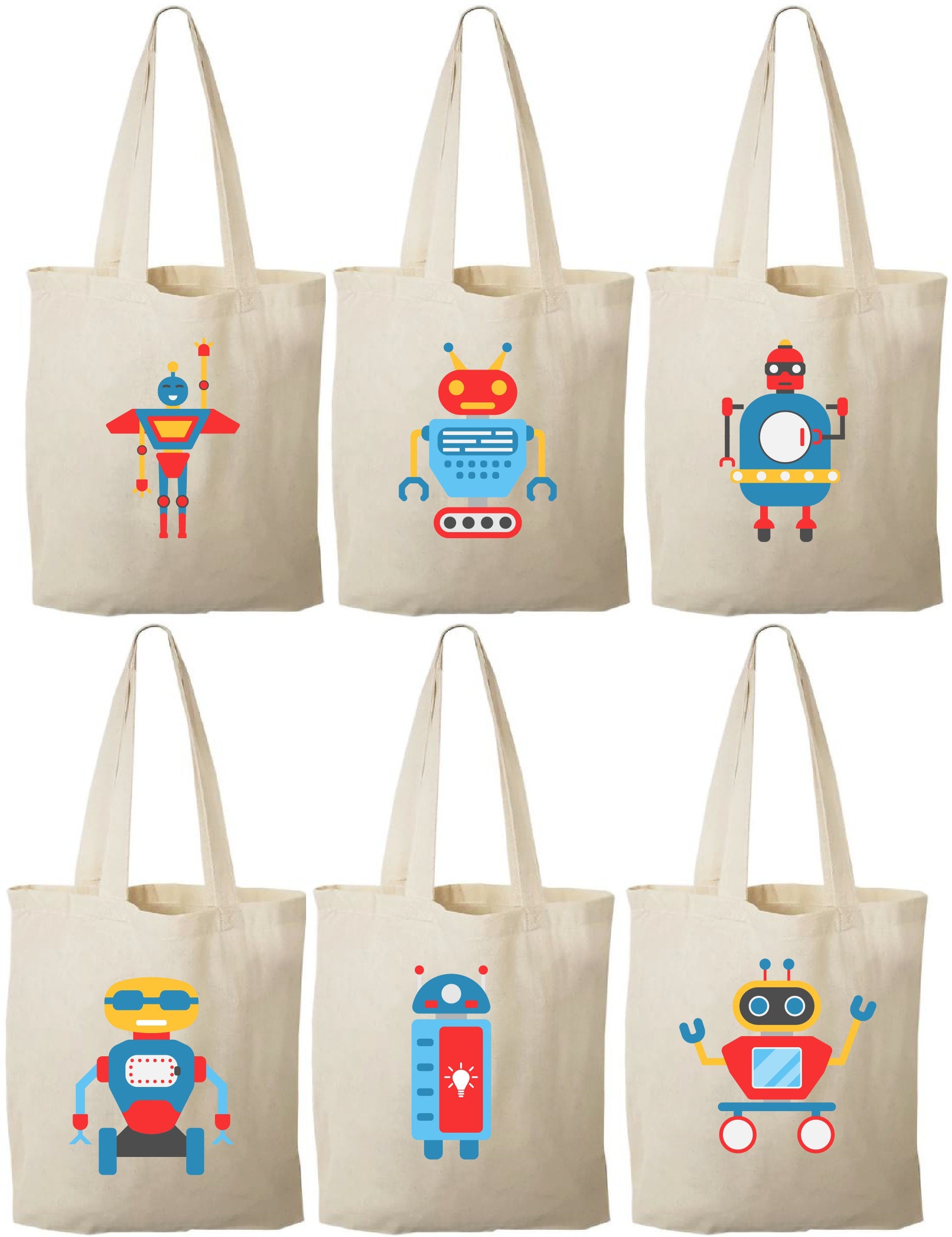 Robot Party Favor Bags - Set of 6 Cotton Canvas Goodie Bags