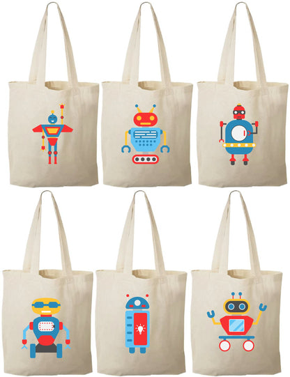 Robot Party Favor Bags - Set of 6 Cotton Canvas Goodie Bags