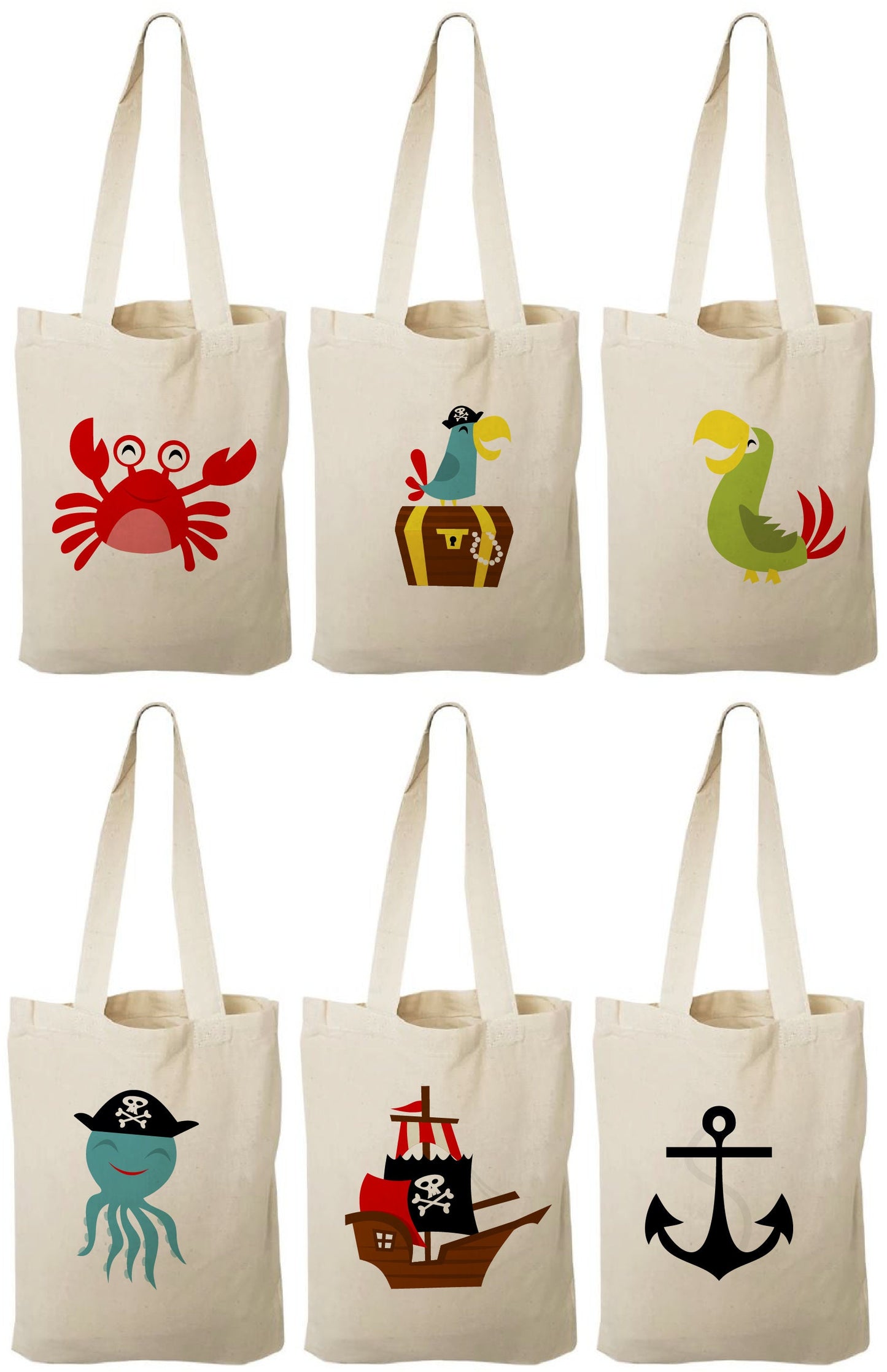 Pirate Party Favor Bags, Cotton Goodie Bags, Set of 6